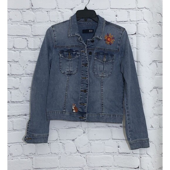 Kut from the Kloth Medium Jean Jacket Distressed Stretch Trucker Blue Denim - Picture 1 of 12